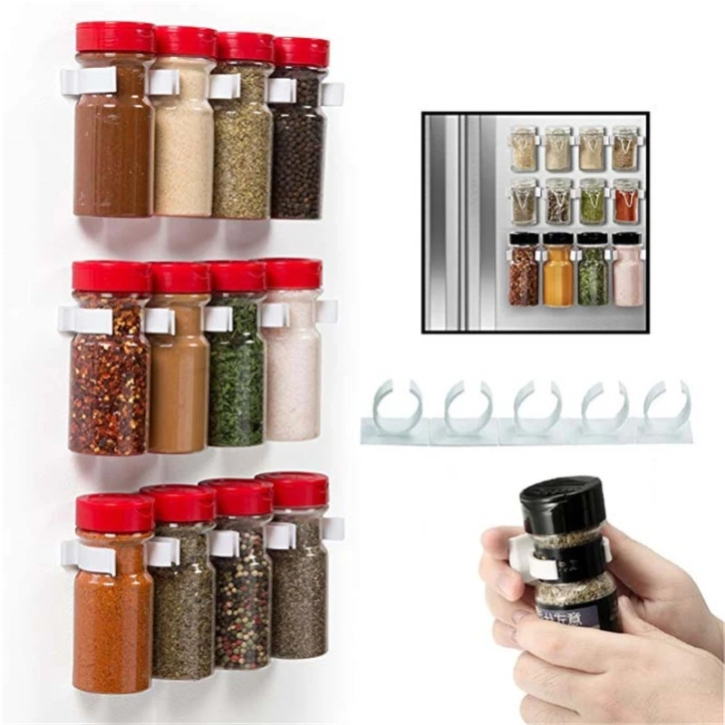 2/4pc spice garrafa rack de armazenamento cozinha montagem na parede ingrediente plástico clipe adesivo gabinete organizador porta ganchos titular frasco ferramenta - Organizar e arrumar a sua cozinha