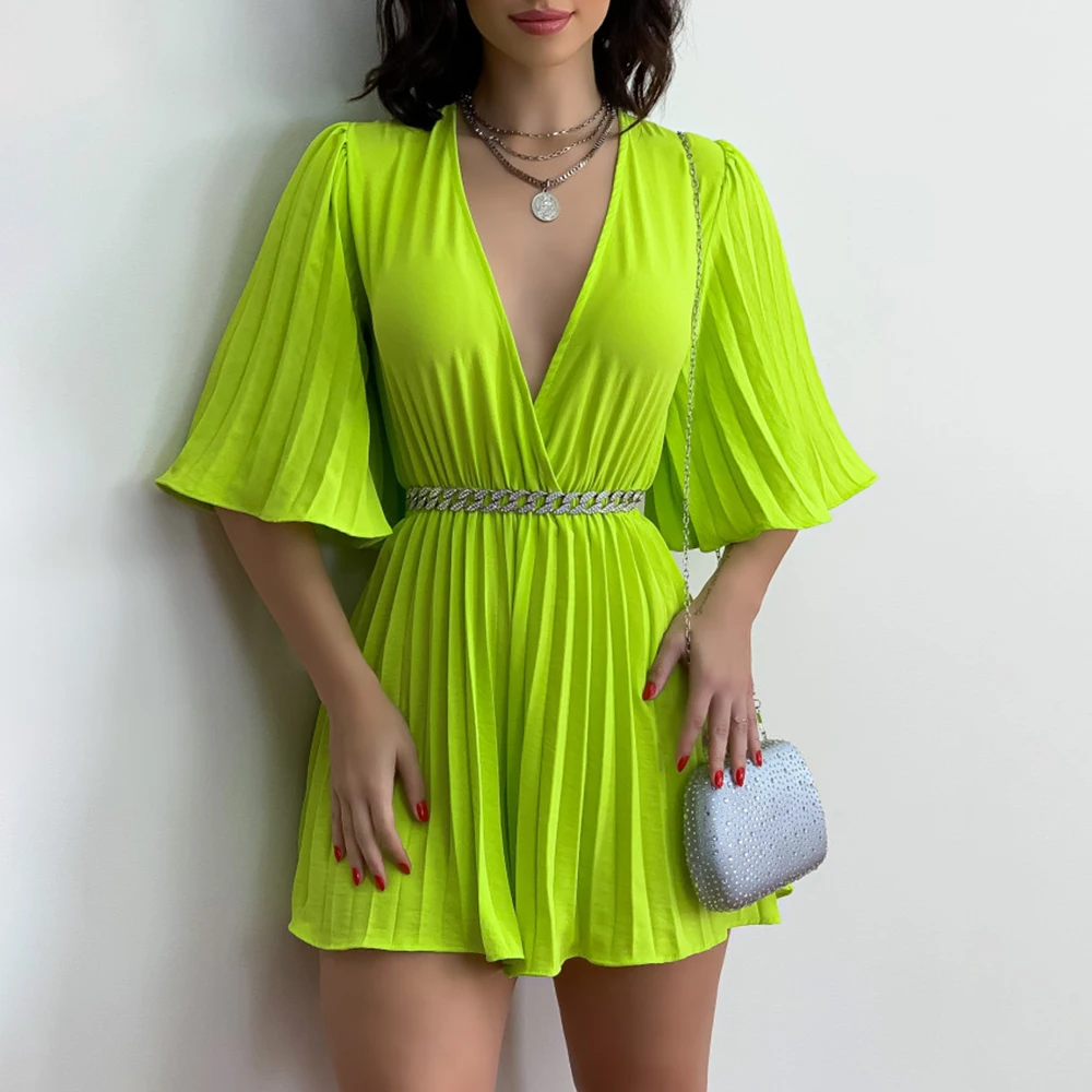Sexy Deep V-neck Rompers For Women Fashion Pleated Slim Fit Culottes Playsuits Elegant Ladies Short Sleeve Jumpsuit 2023 Summer