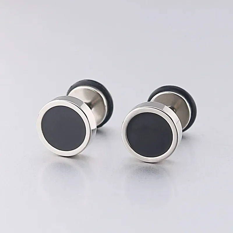 16G Titanium Steel Men's Stud Earrings Round Black Oil Drip 2pcs