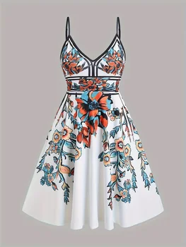 Summer Holiday plus Size Dress Flower Leaf Print A-Shaped Sling Mini Trumpet Gown for Women