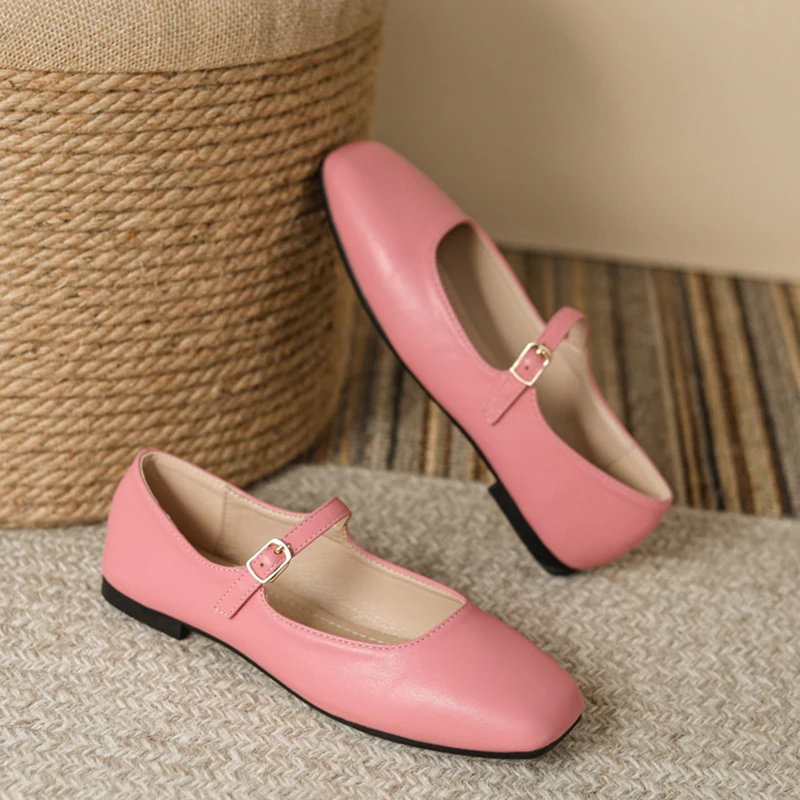 SpringAutumnPinkleathermaryjanesflatshoeswomansquaretoeankle