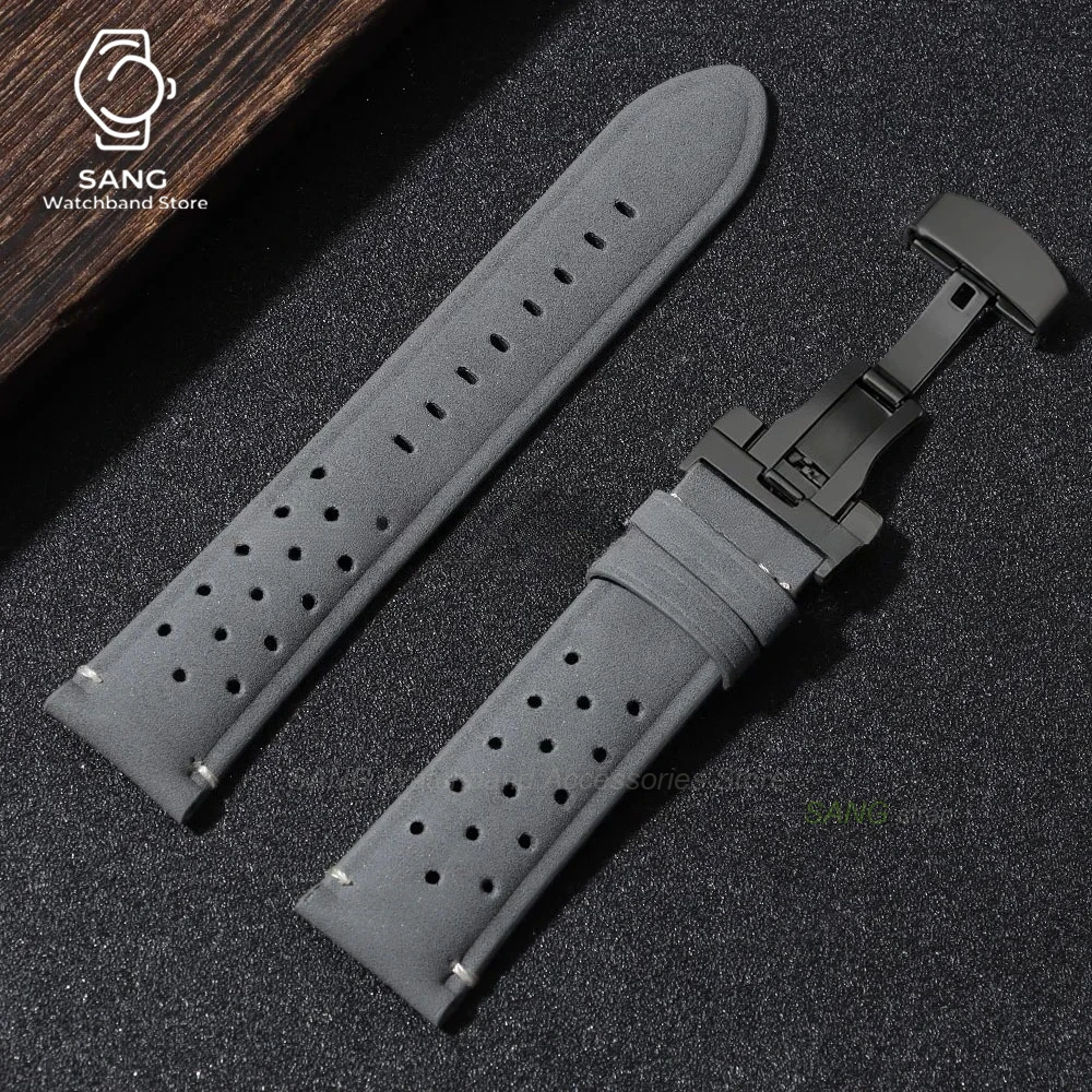 Vintage Brown Leather Strap with Butterfly Buckle - Breathable Business Watch Band Bracelet in Matte Finish