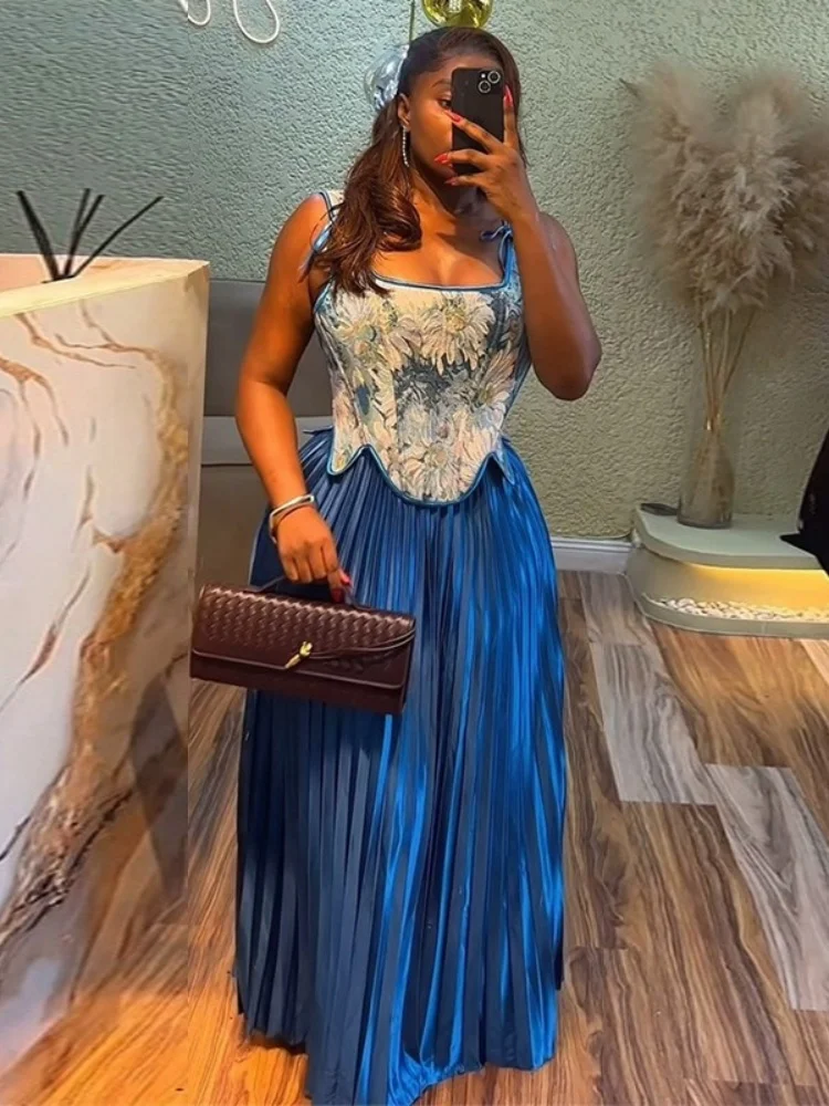 Wmstar Dress Sets Women Wholesale  Summer 2025 New Sweet Floral Print Vest High Waist Pleated Skirt Two Piece Set Dropshopping