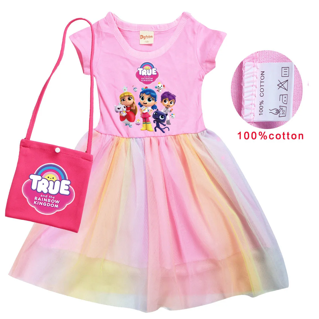 New Arrivals True and The Anime Rainbow Kingdom T Shirt Pleated Dress+bag Kids Summer Casual Clothes Baby Girls Princess Dresses
