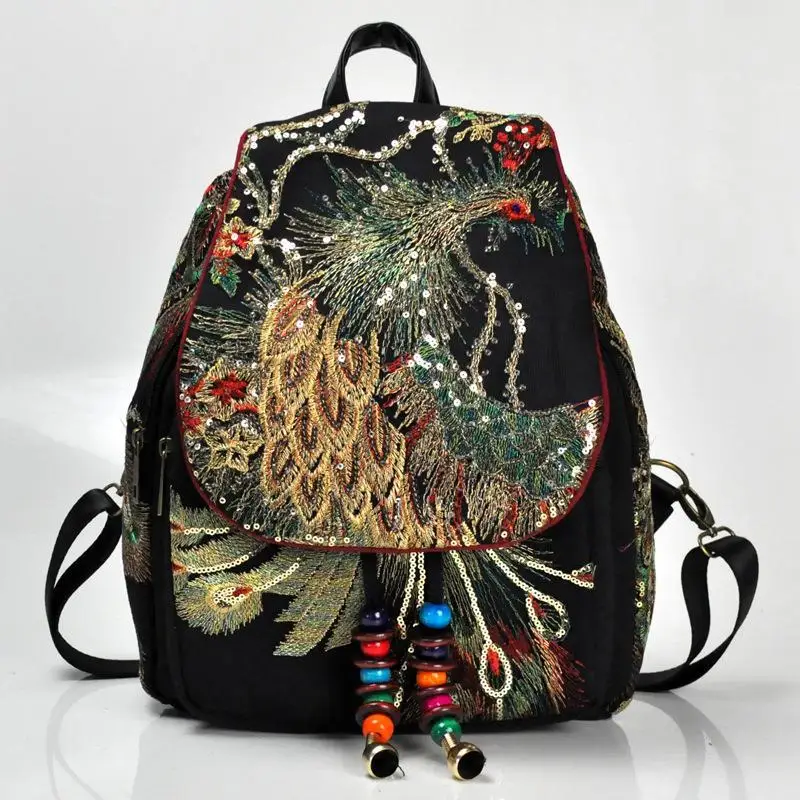 

Chinese Ethnic Style Peacock Embroidery Aesthetic Cute Backpack Canvas Women Travel Knapsack Classical Literary Youth Backpacks