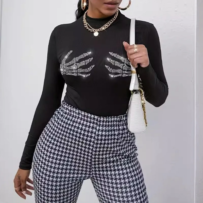 New Fashion Semi-turtleneck Hot Diamond Long-sleeved Blouse Street Solid Color Spring and Autumn Women's Casual Slim Fitting Top