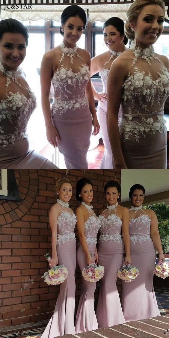 더스티 핑크 인어 긴 신부 들러리 드레스 고삐 3d 아플리케 Vestido De Fiesta De Boda 고삐 예쁜 이브닝 가운 무료 배송
