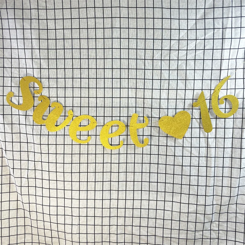 1Set Gold Sweet 16 Year Birthday Banner Boy Girl 16th Anniversary Party Bunting Garland Princess 16th Birthday Party Supplies