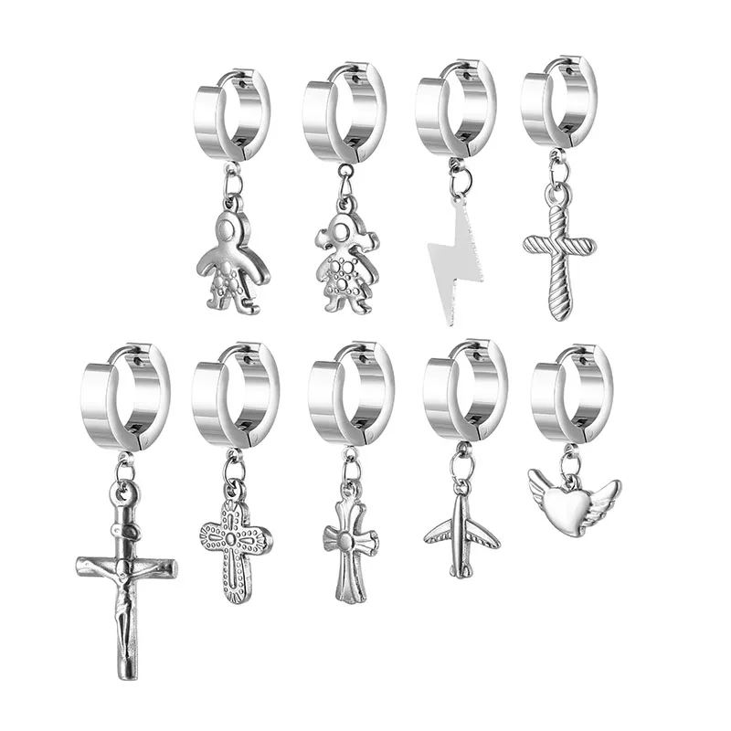 

1 Pce Men Punk Cross Stars Dangle Earrings Women Gothic Stainless Steel Cross Ear Stud Earrings Piercing Huggies Pendant Jewelry