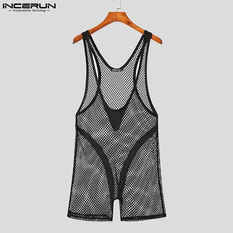 Stylish Hot Sale Men's Homewear INCERUN V-neck See-through Mesh Jumpsuit Sexy Fashion Male Thin Sleeveless Bodysuits S-5XL 2023