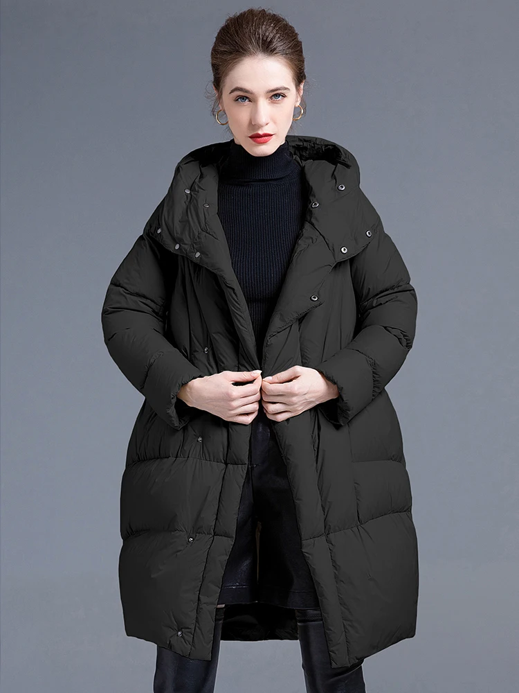 Luxury Women's Fluffy Long down jacket Winter Large size Fashion Pockets Hooded puffer coat Loose Female 2024 New INKEO 3O288