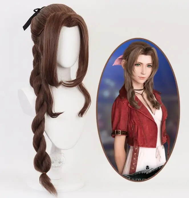 

Game Final Fantasy VII Aerith Gainsborough Cosplay Wig Girl Hairpiece 100 cm Pigtail Women Wavy Curly Bangs Hair Periwig