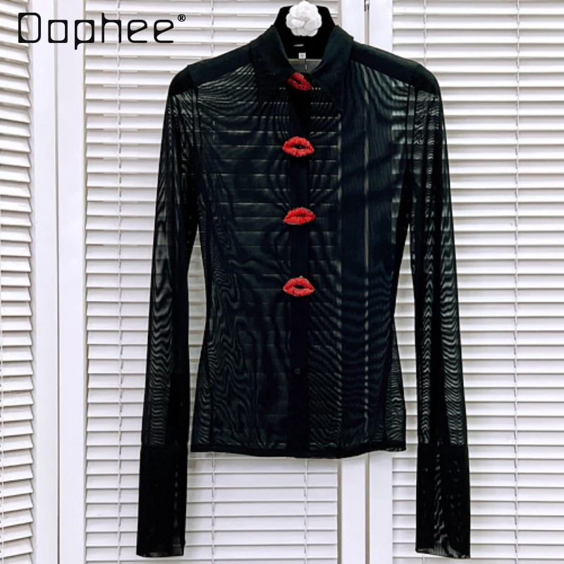 Sexy See-through Red Lips Embroidery Bottoming Top Ladies 2023 Spring New European and American Style Woman Black Gauzy Shirt fashion red knit dress off shoulder sexy slash neck slim pencil mini vestidos korean vintage fit hip bottoming sweater dress 원피스