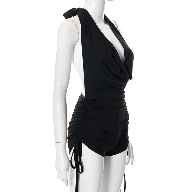 BKLD Women Clothing New Solid Color Sleeveless Sexy Halter Deep V Drawstring Casual Shorts Jumpsuit Black Rompers Playsuits