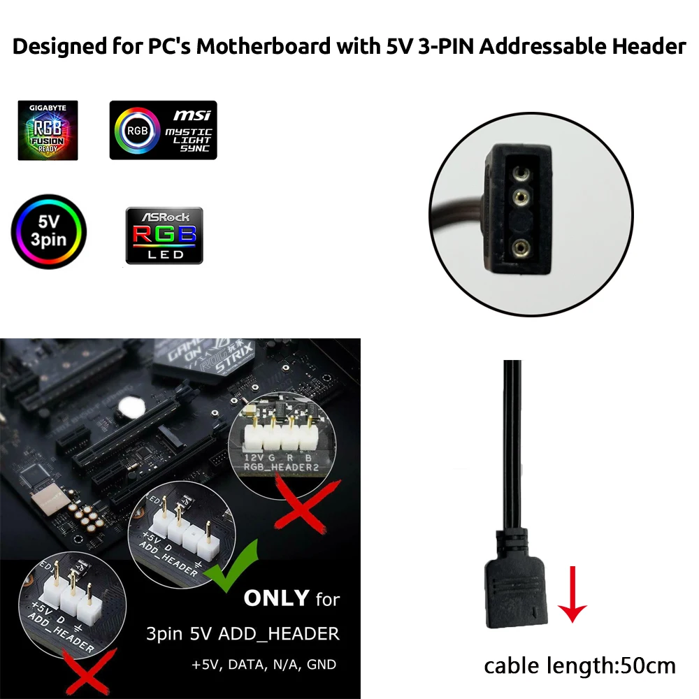 Individually Addressable RGB LED Strip for PC, 5V WS2812B Digital Led Strip  For CORSAIR iCUE,3 pin 5V ADD Header On Motherboards