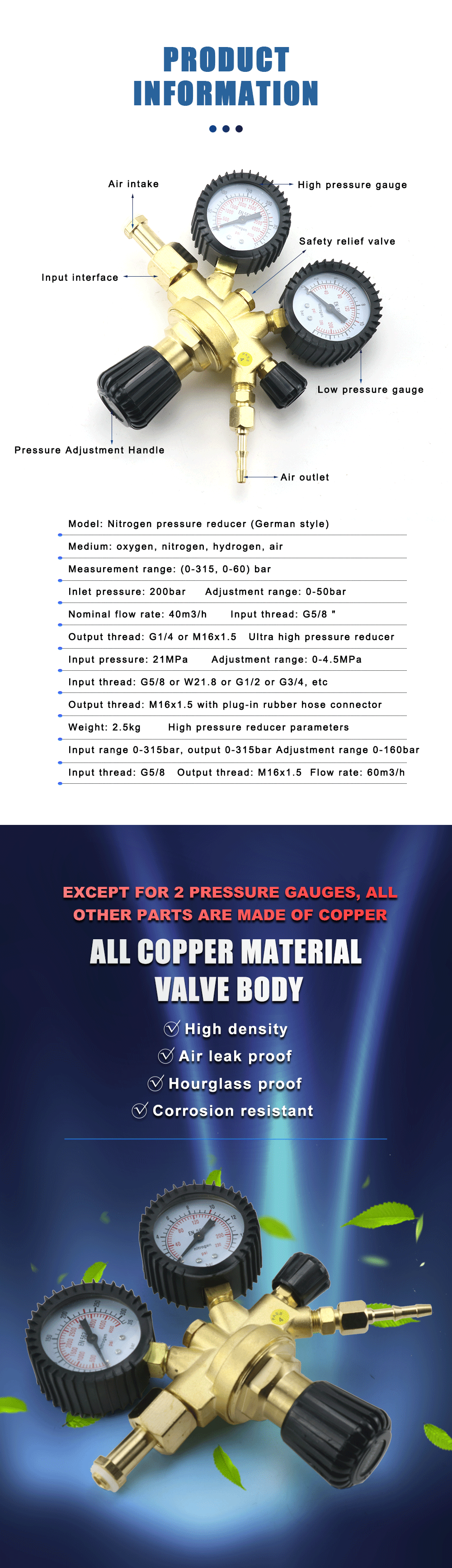 Description Picture 5 of itemBrass Nitrogen Regulator 0-4500PSI Gas Pressure Reducing Valve Connection Gauges MAG / MIG Welding W21.8 Thread
