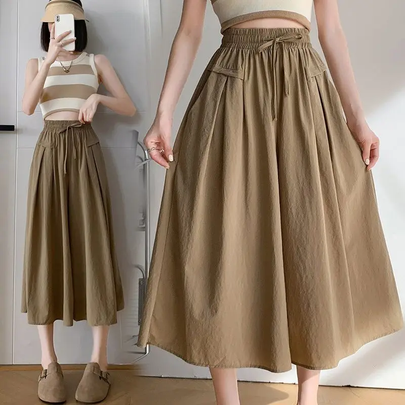 Fashion Elastic Lace Up Pockets Straight Wide Leg Pants Female Clothing 2024 Summer Loose Solid Color High Waist Casual Pants