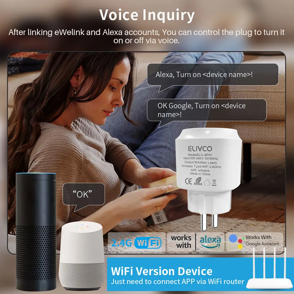 eWeLink 스마트 WiFi 플러그 16A EU 소켓 앱 원격 제어 Alexa Google Assistant 음성 제어와 호환 가능