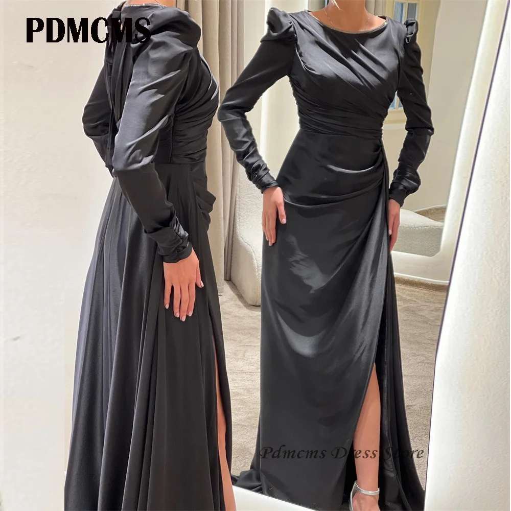 

PDMCMS Arabic Long Sleeves Mermaid Evening Dresses Satin Pleats Draped Prom Gowns Formal Occasions Party Dress Robe De Soirée