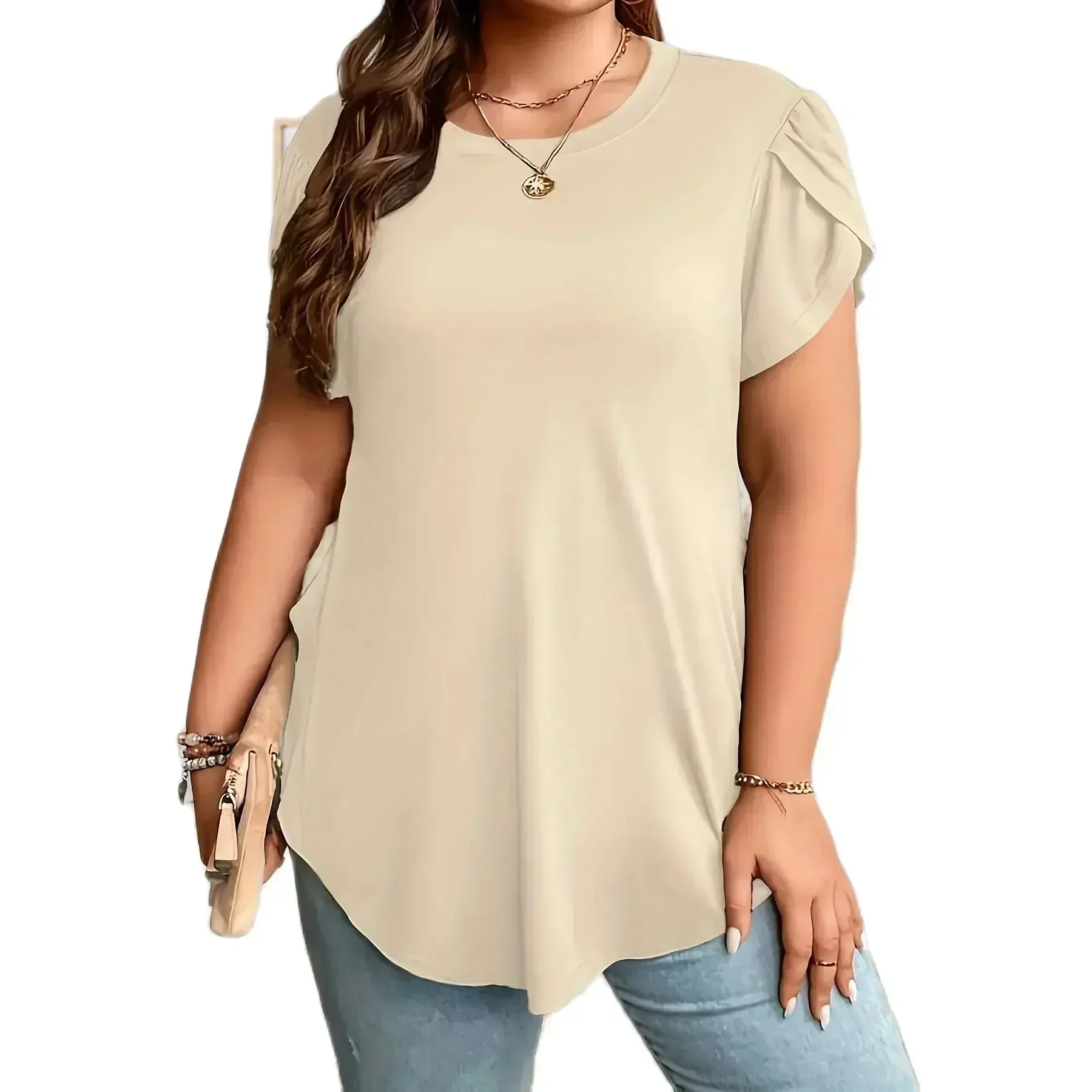 Women Plus Petal Sleeve Curved Hem Shirt Fashionable Style photo