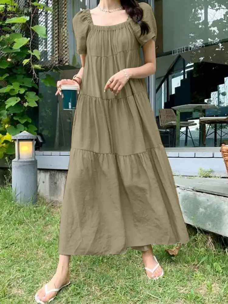 

2023 ZANZEA Summer Square Neck Short Sleeve Solid Dress Women Fashion Casual Long Vestido Party Holiday Sundress Robe Femme