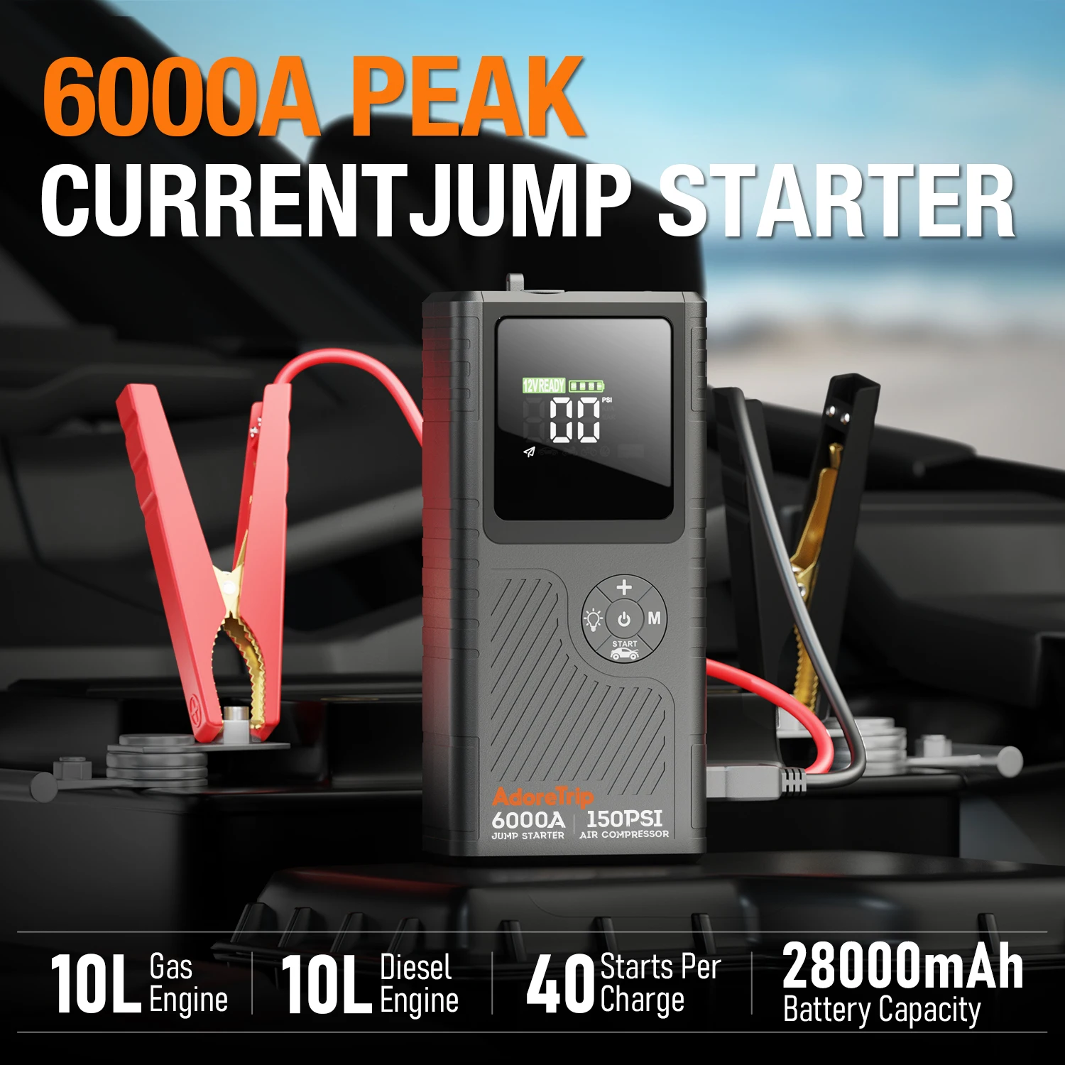 AdoreTrip 6000A 20000mAh Car Portable Jump Starter With Air Compressor 12V Car Battery Starter Booster Starting Device