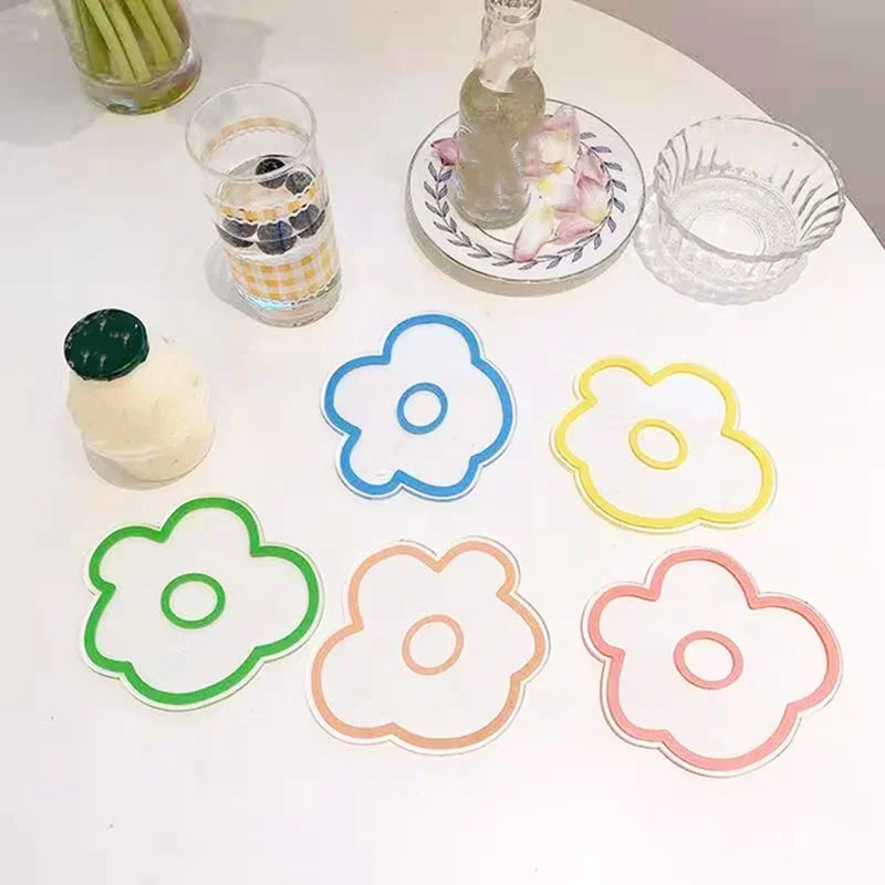 Korean Style Multicolor Flower Coaster Transparent Acrylic Coaster Cute Animal Fruit Flowers Cup Mat Household Kitchen Tool