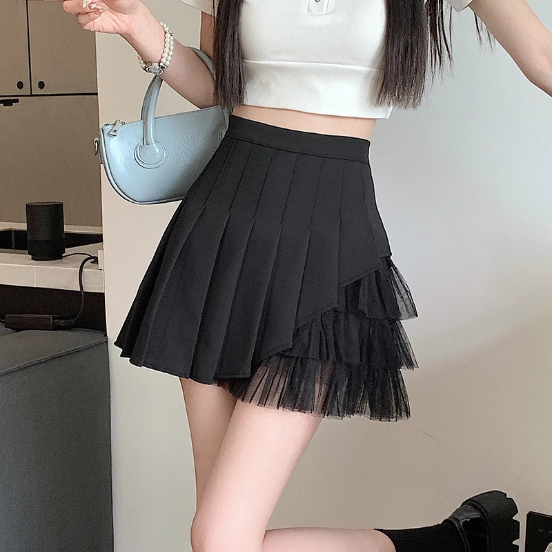 

Korean Soft Sister Cute Tulle Patchwork Pleated Mini Skirt Women New Summer High Waist A-line Skirt Female Casual Short Skirts