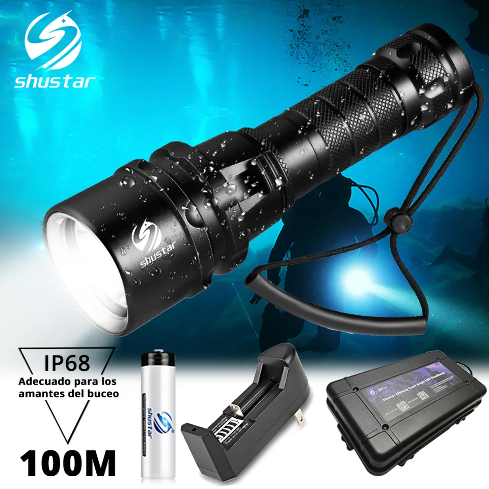 Super 5000LM XHP120 Linterna de buceo profesional 300m Antorcha de buceo  subacuática IPX8 Impermeable Potente luz de buceo 26650 Batería