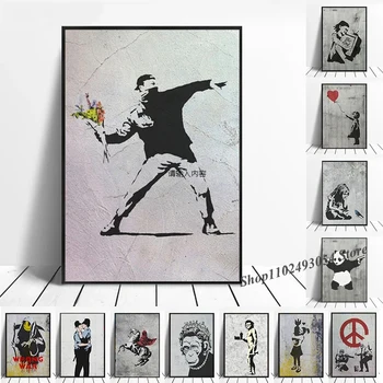 Banksy Graffiti Opere d'arte Pittura su tela Stampe Immagini di arte della parete Ragazza con palloncino rosso Poster bianchi neri Decorazioni per la casa nordica