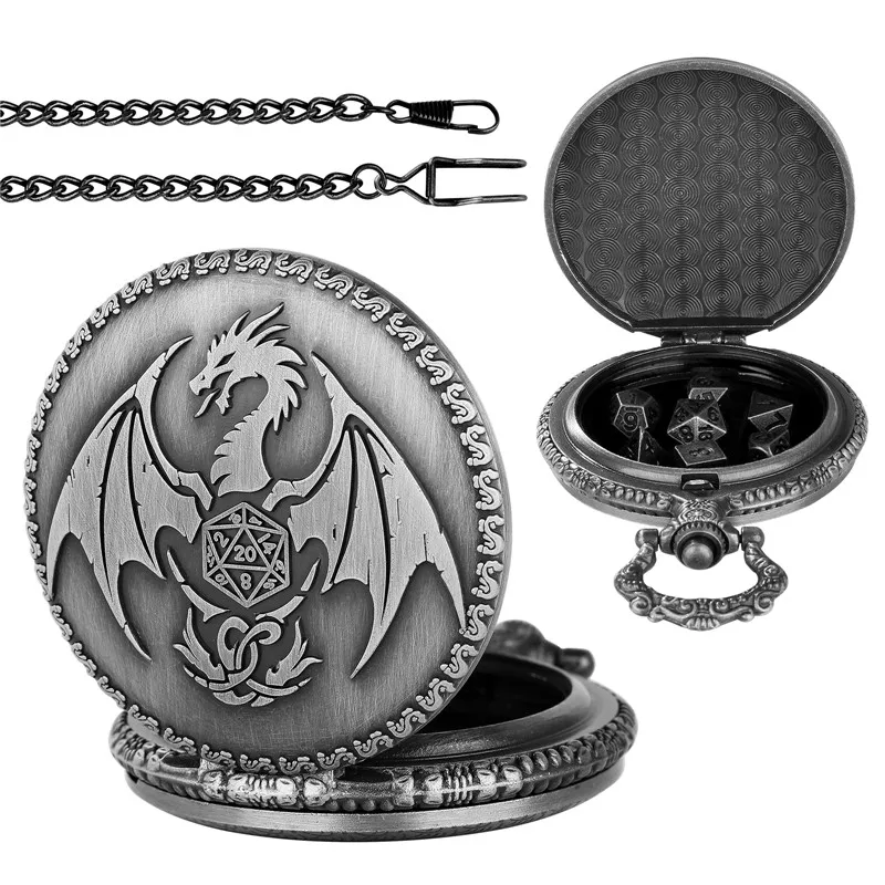 Vintage Drachen-Taschenuhr mit Kette und 7-teiligem Set Winziger Polyedrischer Metallwürfel für Rollenspiele und Gaming-Zubehör – Detail 6