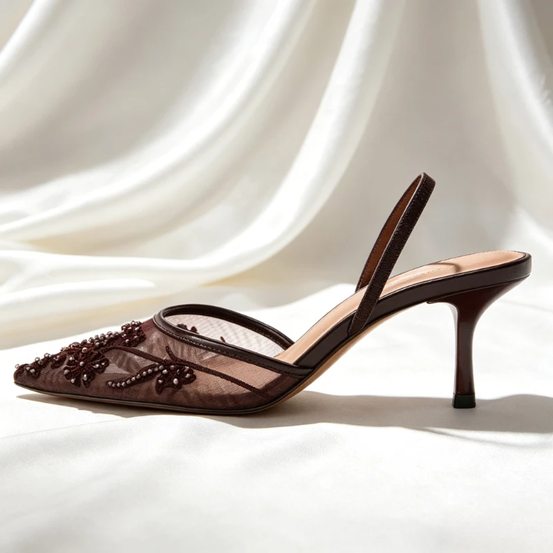 Mesh Embroider String Bead Detail High Heels Women Sexy Brown Pointed Toe Back Strap Heeled Sandals Summer Elegant Women Shoes