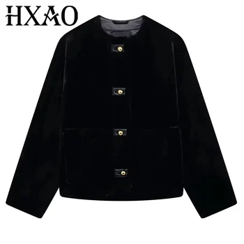 معطف فرو صناعي قصير من HXAO للنساء للخريف بأكمام طويلة سترة سوداء قطيفة ملابس خارجية معاطف نسائية شتوية دافئة فروي سترات 2