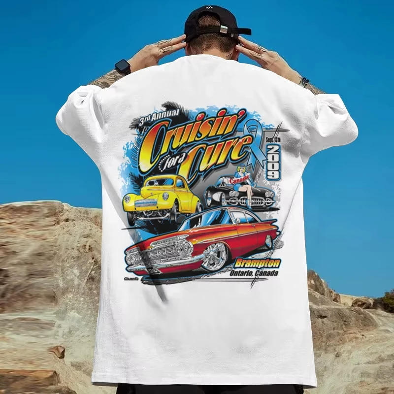 Summer T-Shirts For Men American Car Print Casual Short Sleeve Men's T Shirt Dustproof Retro Tops Clothing Harajuku Streetwear