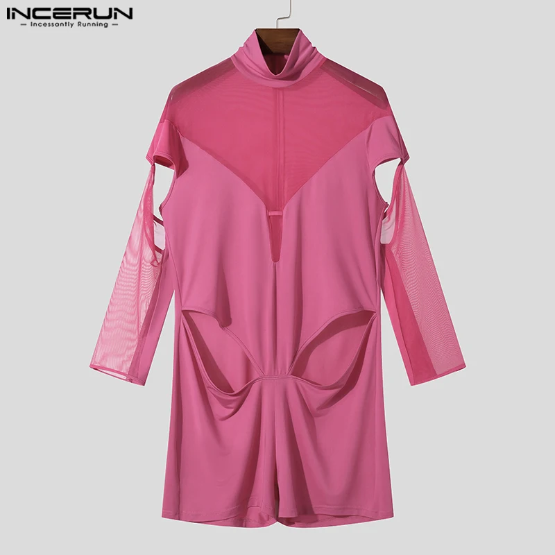 Men Bodysuits INCERUN Men Casual Hollow Design Simple Bodysuits Well Fitting Comfortable Homewear Long Sleeved Solid Living Clothes