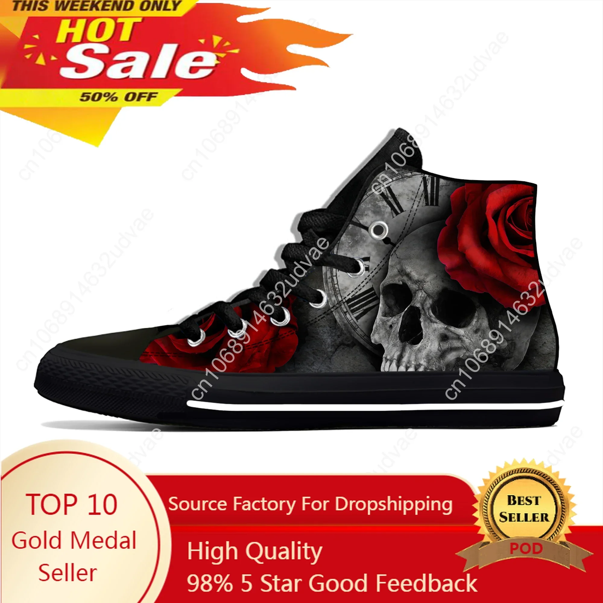 Hot Skulls Roses High Top Sneakers Mens Womens Teenager Casual Shoes Canvas Running Shoes 3D Printed Breathable Lightweight Shoe