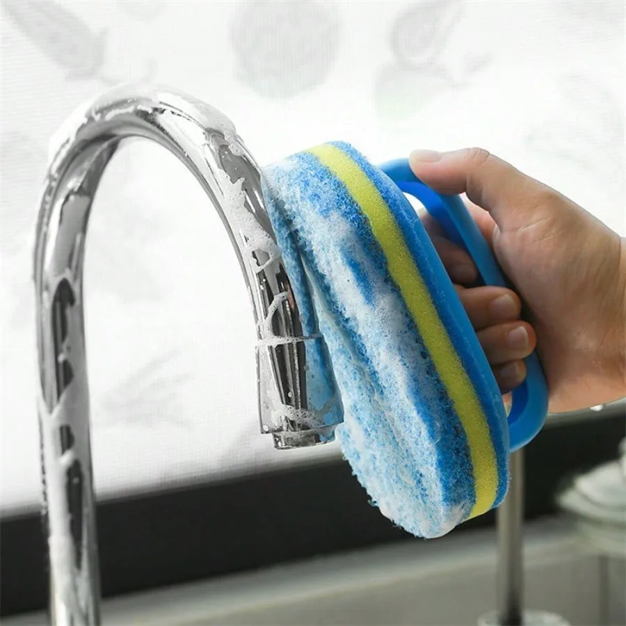 Kitchen Cleaning Brush with Handle Pot Washing Sponge Thick Scouring Pad Ceramic Tile Wall Cleaning Purifying Artifact