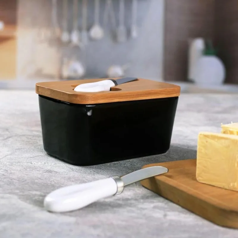 Simple Ceramic Butter Dish with Bamboo Cover Butter Knife Rectangular Sealed Jar Western Cheese Box Storage Jar Tableware butter storage box,ceramic sauce dishes