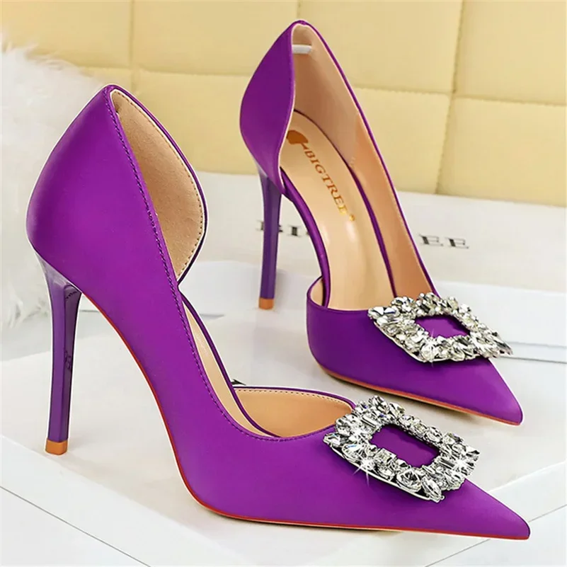 Women Fashion Wedding Party Designer Pink Purple Rose Red Pumps Lady Fetish 10.5cm High Heels Crystal Buckle Satin Evening Shoes 3