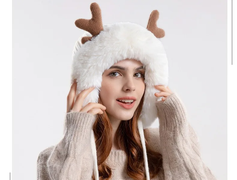 Cappelli invernali caldi lavorati a maglia, da donna, con corna di cervo, due palline, con paraorecchie, in peluche, spessi e soffici, in pelliccia_voghion.com