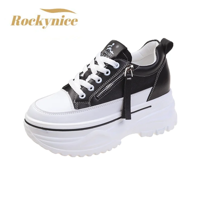 

Women Hidden Heels Sneakers 7CM High Platform Wedge Sneakers Autumn Zip Chunky Leather Shoes Woman Lace Up Dad White Ankle Shoes