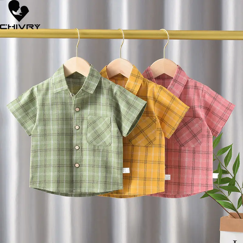 Boys Shirts Summer New Kids Boys Fashion Short Sleeve Lapel Single-breasted Classic Plaid Shirt Tops Children Clothing