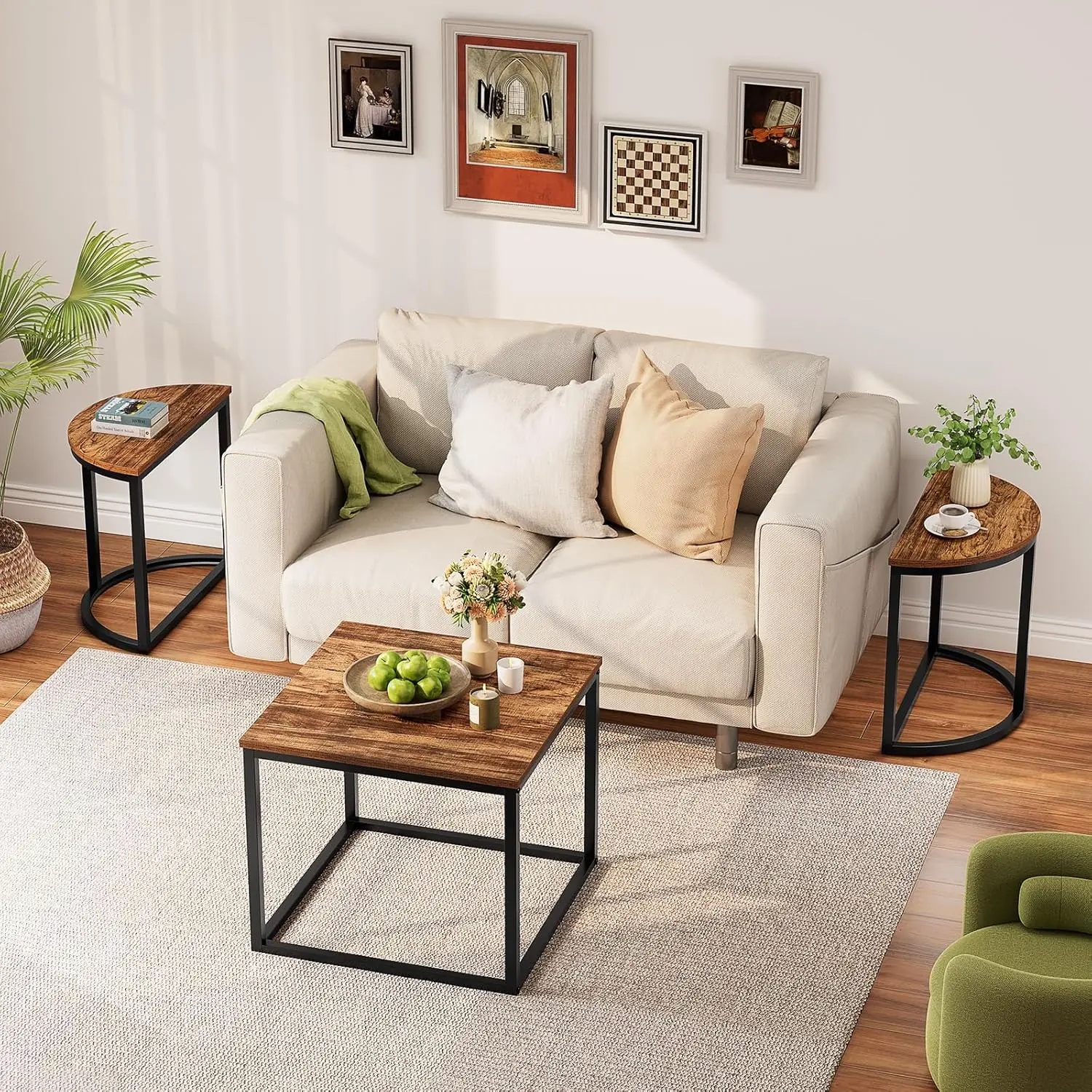Coffee Table Oval 3pcs Set, Modern Living Room Table with 2 End Tables, Small Center Table with Metal Frame for Home Apartment 6
