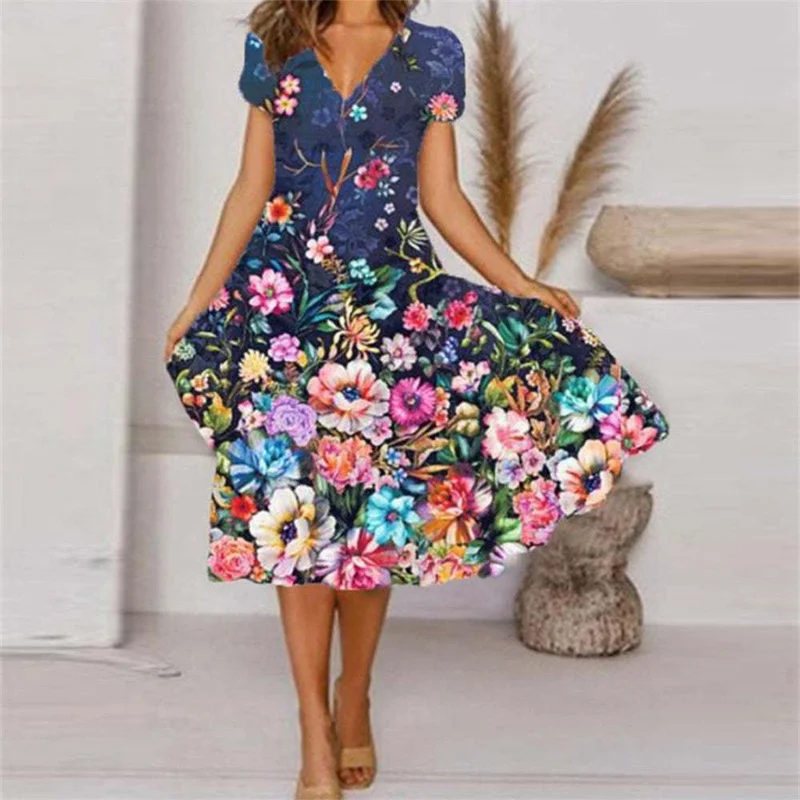 Schulterfreies Blumenkleid im Urlaubsstil mit Palmblatt-Print main image 1