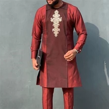 

Full Sleeve Men Set African Traditional Dashki Kanga Clothing Shirt Trousers Set Bazin Rich Ethnic Sets Red Plus Size 2022 New