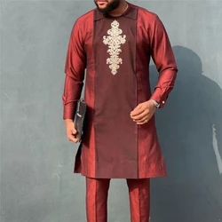 Ensemble traditionnel africain Dashki Kanga pour hommes, manches longues, chemise et pantalon, riche Bazin ethnique, rouge, grande taille, nouvelle collection 2022 