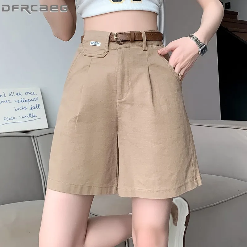 

New Fashion White Women's Cargo Shorts With Belt 2023 Summer High Waist Loose Bermuda Casual Wide Leg Short Trouser Feminino