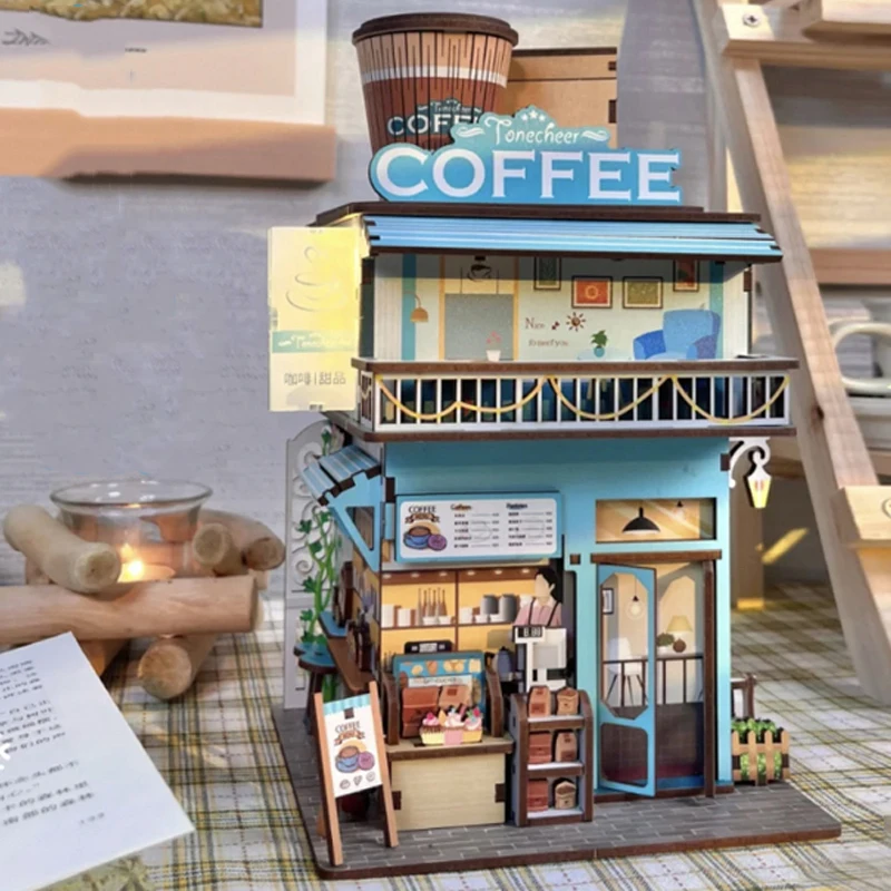 DIY Wooden Doll House City Street View Mini Coffee Shop Model Dollhouses  Assembly Toys for Children Christmas Gift Casa