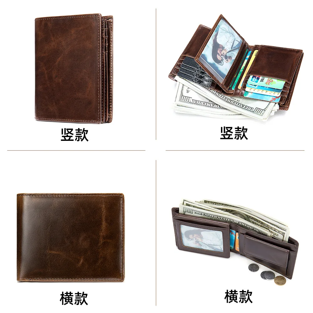 Men's Wallet RFID-Blocking Genuine Leather Bifold Wallet with Flip ID Window Black Brown Large Capacity