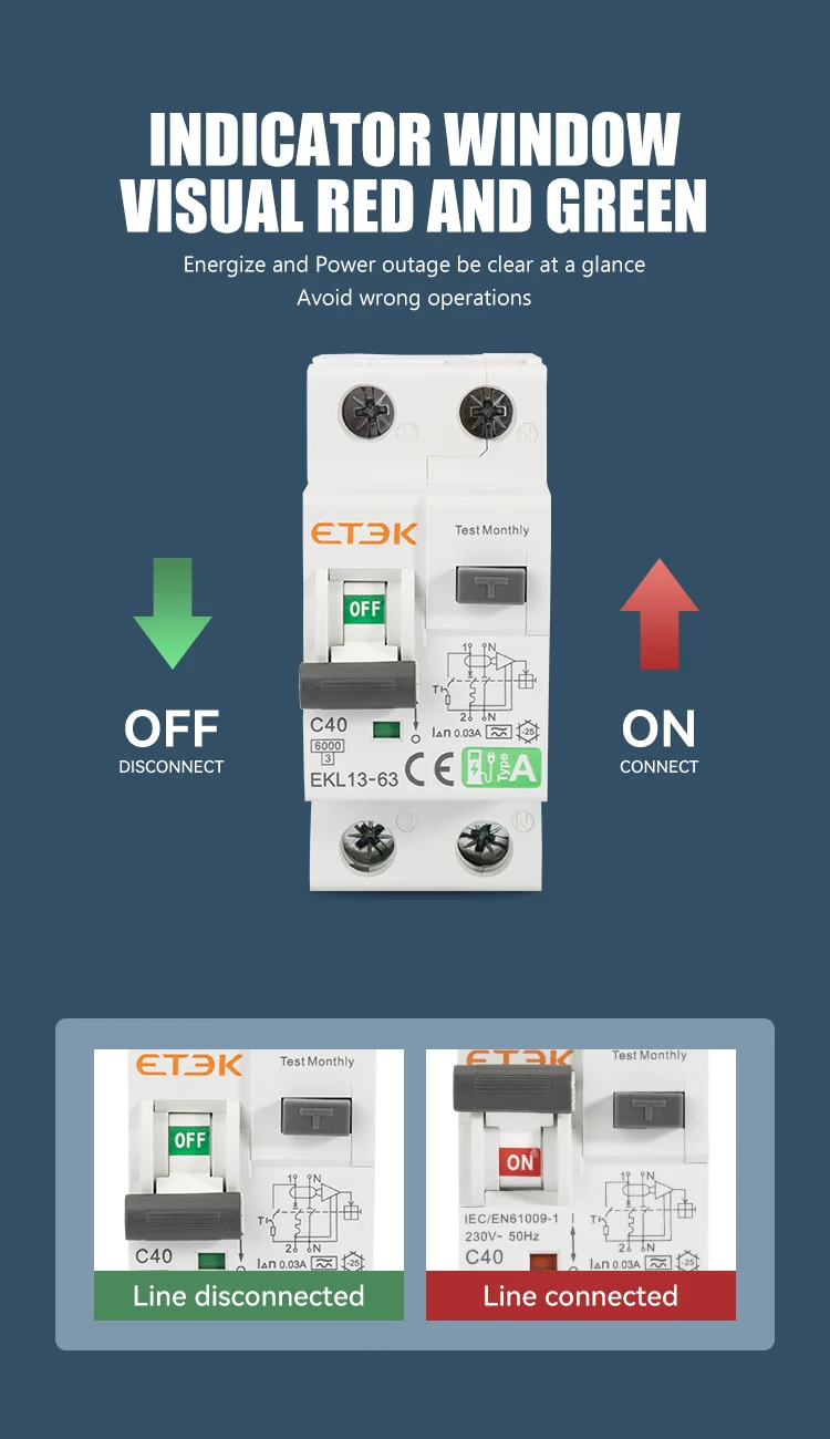 ETEK FI-Schutzschalter/Leitungsschutzschalter Typ A Curver C 30mA 40A 1P N mit Überstrom-Leckageschutz 6KA RCD EKL13 – Detail 6